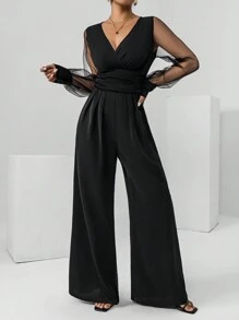 Firerie Contrast Mesh Bishop Sleeve Ruched Waist Wide Leg Jumpsuit - Black - View 3
