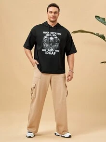 Manfinity LEGND 男士寬鬆抽繩連帽t卹,印有口號和骷髏印花 - 黑色 - 查看 3