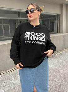 SHEIN Essnce 大碼標語圖案落肩袖套頭毛衣 - 黑與白 - 查看 3