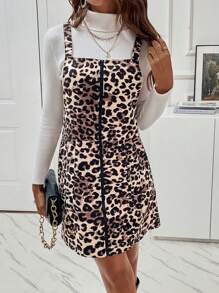 SHEIN Essnce Leopard Print Zip Up Overall Dress Without Sweater - Multicolor - View 6