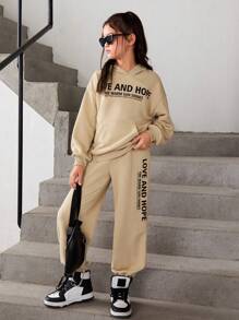 女大童標語圖案落肩袖連帽衫和運動褲 - 卡其色 - 查看 4