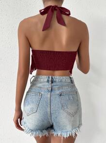 Allurite 流蘇邊十字交叉後背繫帶繞頸短上衣 - 酒紅色 - 查看 2