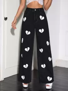 SHEIN 1pc Jeans With Heart Design Wide Leg