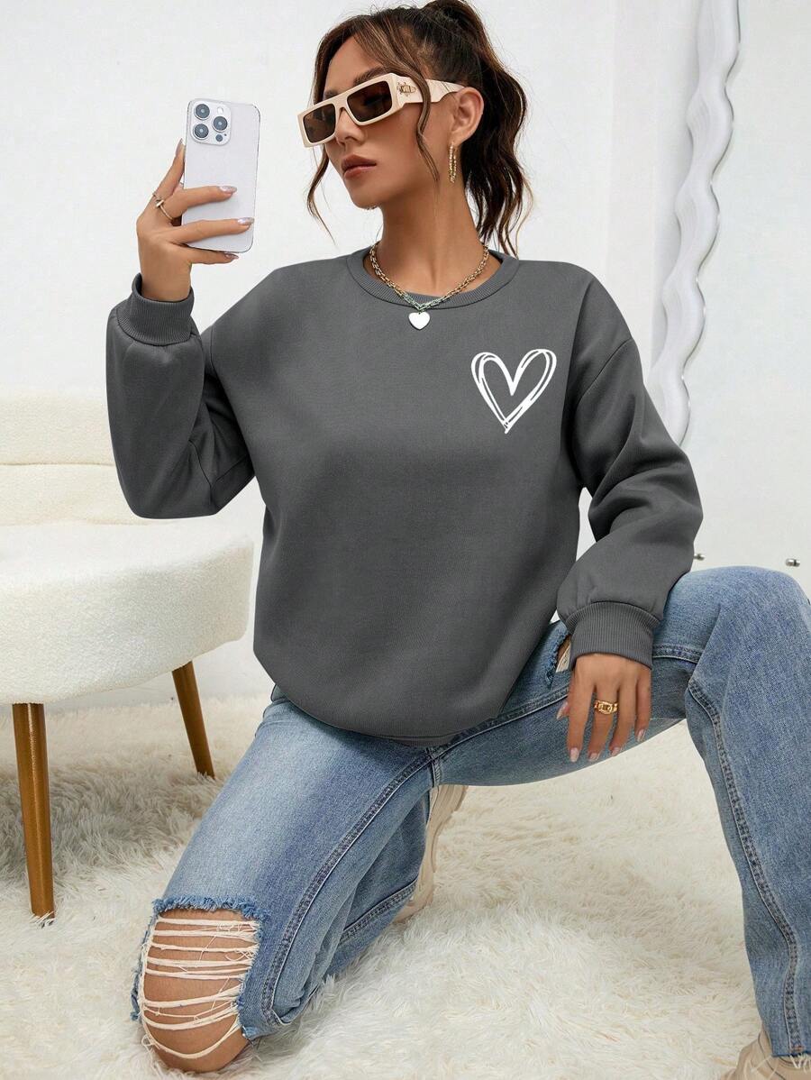 INAWLY Heart Print Drop Shoulder Sweatshirt,Long Sleeve Tops Graduation,Back To School Outfits,Graduation,Teacher Outfits For Women,Back To School Pullover Fall Outfit - Dark Grey - View 1