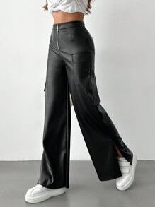EURMUSE Flap Pocket Zipper Front Split Hem PU Leather Pants - Black - View 1