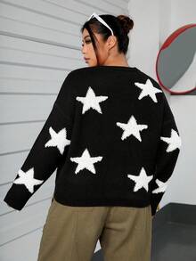 SHEIN EZwear 加星星圖案落肩毛衣 - 黑色 - 查看 2