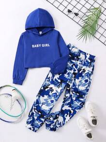 SHEIN Áo hoodie họa tiết chữ Tween Girl & Quần in họa tiết rằn ri - Màu xanh lam - Xem 1