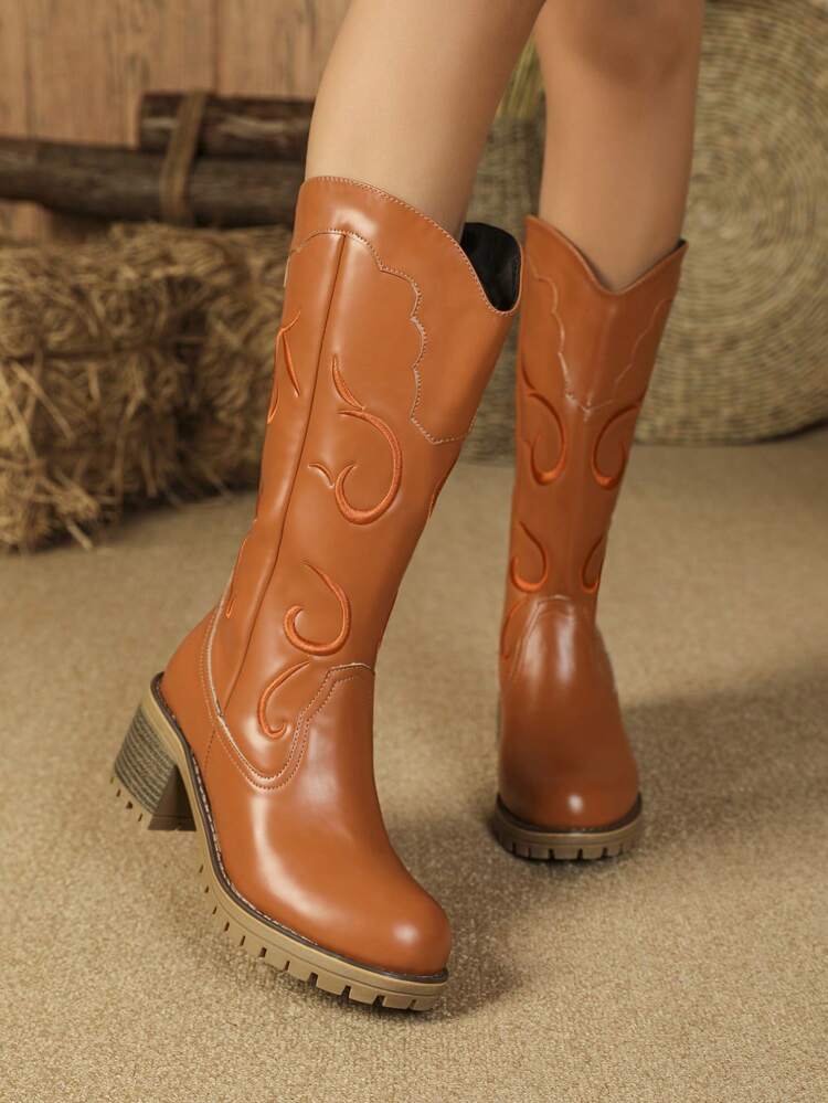 Women's Western Cowboy Boots Mid-calf Knight Boots Round Toe Vintage Embroidery Chunky Heel