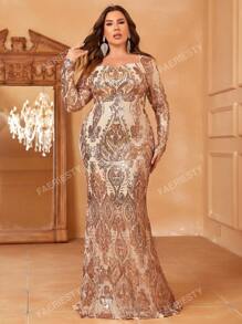 Faeriesty Plus Sweetheart Neck Sequin Prom Dress Elegant Long Sleeve Formal Evening Wedding Guest Gown, For Graduation, Dinner