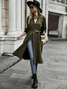 SHEIN Frenchy Áo khoác có đai xắn tay áo - xanh quân đội - Xem 3