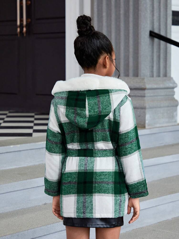 Tween Girl Plaid Print Teddy Lined Hooded Overcoat