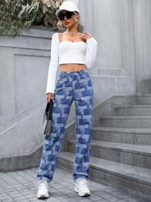 SHEIN Privé 高腰拼布印花直筒牛仔褲 - 藍色 - 查看 1