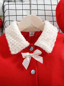 SHEIN Tween Girl Borg Collar Dual Pocket Bow Front Overcoat & Hat for Christmas - Red - View 6