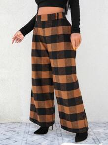 RueChic Plus Buffalo Plaid Wide Leg Pants - Brown - View 1