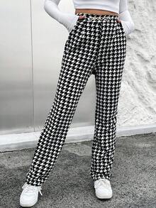 SHEIN Essnce 千鳥格印花斜口袋長褲 - 黑色 - 查看 6