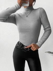 EURMUSE Solid Mock Neck Ribbed Knit Sweater - Light Grey - View 3