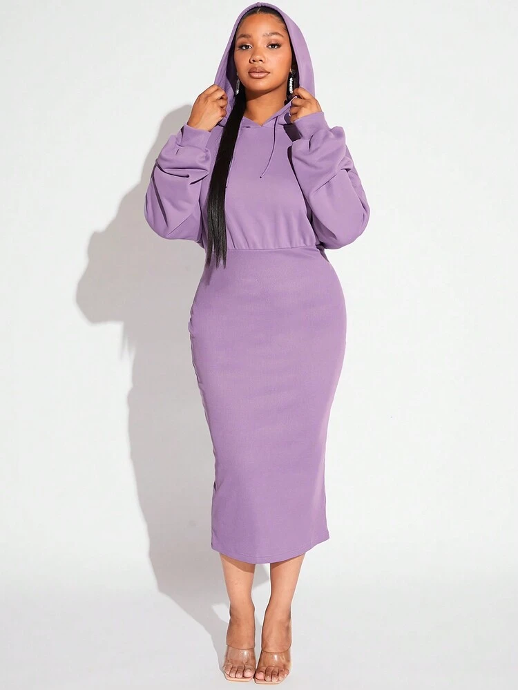 Plus Size Drop Shoulder Drawstring Sweatshirt Dress