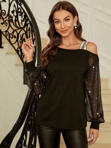 SHEIN Clasi Camiseta de malla en contraste de manga raglán de cuello asimétrico con cinta en contraste - Negro - Ver 4