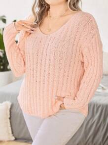 SHEIN Clasi Drop-Shoulder Pullover mit Rippstrick, Strickpullover für Herbst und Winter - Pink - Übersicht 5