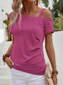 EMERY ROSE Button Detail Asymmetrical Neck Tee - Hot Pink - View 4