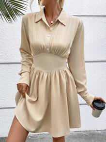 Chiquease Solid Button Front Shirt Dress - Khaki - View 4