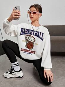Teen Girls Basketball & Letter Graphic Drop Shoulder Sweatshirt - White - View 1