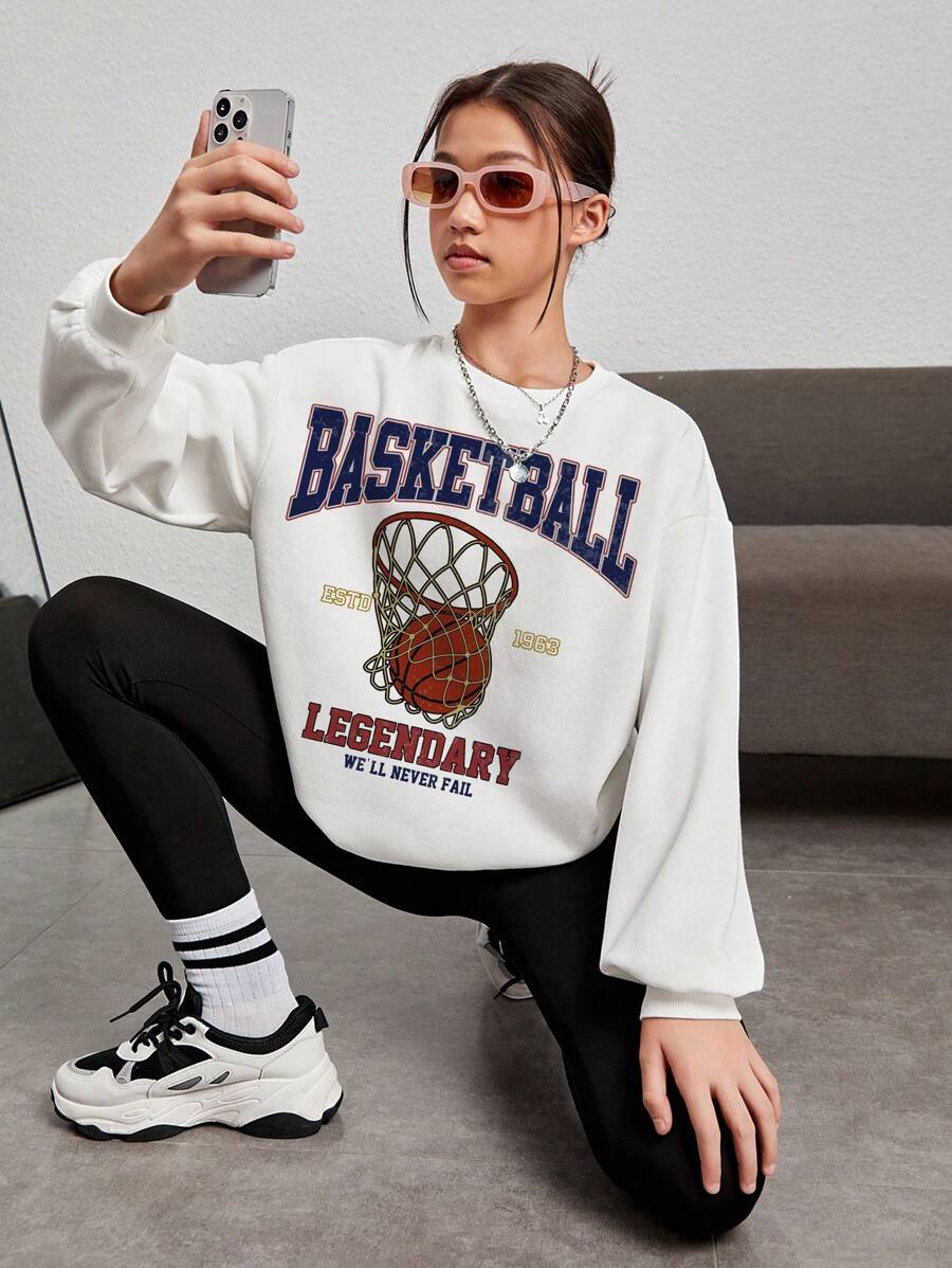 Teen Girls Basketball & Letter Graphic Drop Shoulder Sweatshirt - White - View 1