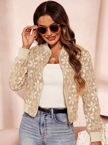 SHEIN Clasi Floral Jacquard Zip Up Bomber Jacket - Khaki - View 4