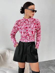 SHEIN Essnce Heart Print Mock Neck Blouse - Multicolor - View 5