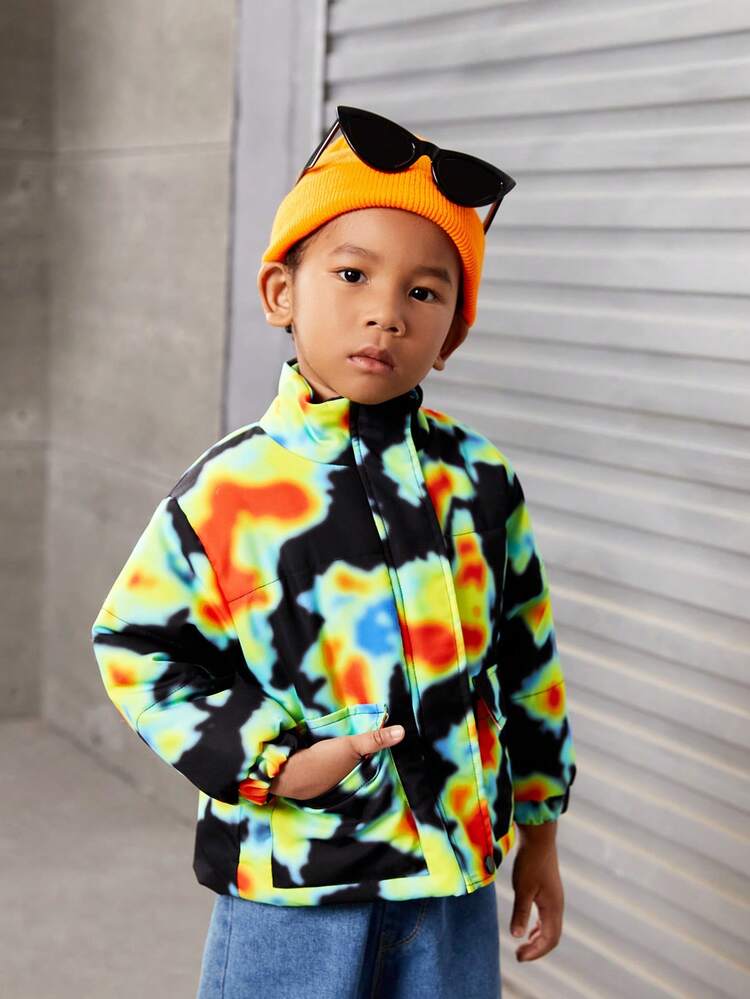 Young Boy Tie Dye Drop Shoulder Zipper Padded Coat