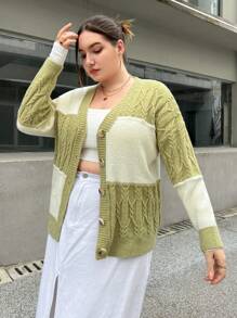 SHEIN Essnce 加兩色絞花針織開衫 - 彩色 - 查看 4