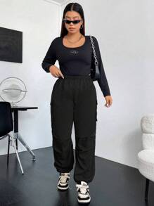 Flirla Plus Flap Pocket Side Cargo Pants - Black - View 5