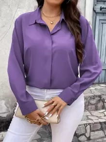 Vionelle Plus Solid Snap Button Front Blouse Women Shirt Fall Cloth For Women - Purple - View 4