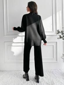 EURMUSE Fringe Hem Drop Shoulder Sweater & Knit Pants - Black - View 2