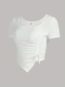 SHEIN Girlism 青少年女孩側抽繩不對稱下擺T恤 - 白色 - 查看 4