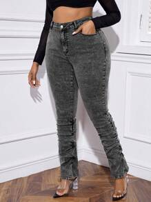 SHEIN Essnce Talla grande Jeans fruncido bajo con abertura apilado - Negro - Ver 1