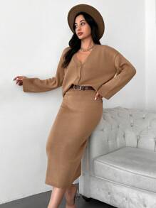 Drop Shoulder Cardigan & Knit Skirt Without Belt - Khaki - View 4