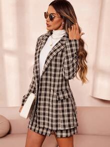SHEIN Clasi Abrigo con patrón de cuadros de doble botonadura tweed