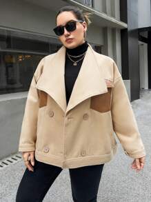 SHEIN Essnce Plus Waterfall Collar Drop Shoulder Jacket Winter Autumn - Khaki - View 5