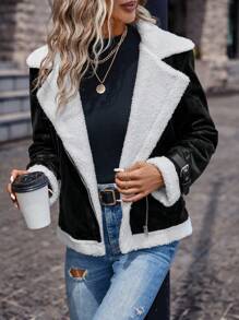 SHEIN Frenchy Teddy Lined Zip Up Moto Jacket - Black and White - View 5