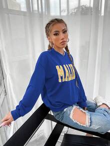 SHEIN Unity 字母圖案落肩袖運動衫 - 寶藍色 - 查看 5