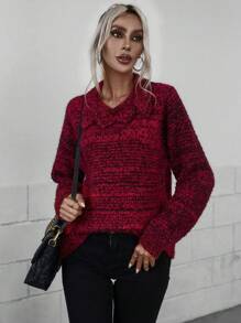 SHEIN LUNE 高领落肩混色针织套头衫，适合秋冬季穿着 - 酒紅色 - 查看 5