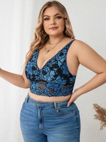 Plus Floral Lace Longline Bralette, Lingerie - Blue - View 6