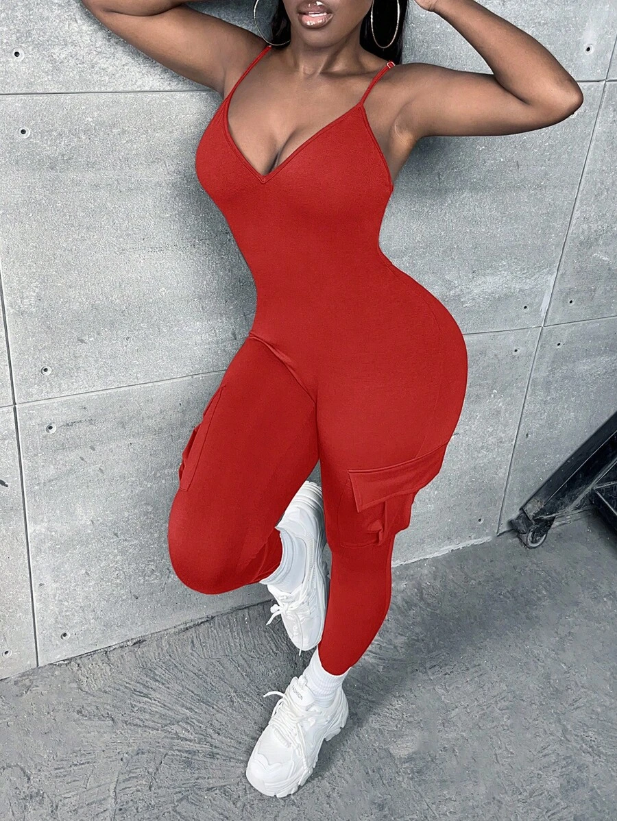 Slaydiva Solid Flap Pocket Cami Unitard Jumpsuit - Red - View 1