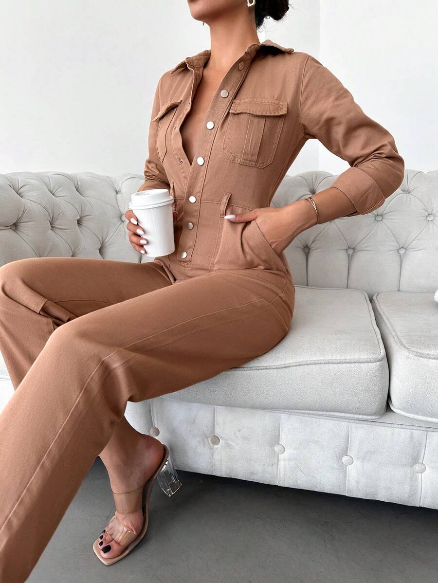 EURMUSE Túi có nắp Nút phía trước Áo sơ mi Denim Áo liền quần - Rỉ Nâu - Xem 1