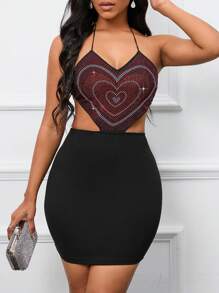VaVaBold Rhinestone Heart Pattern Tie Backless Halter Neck Backless Dress