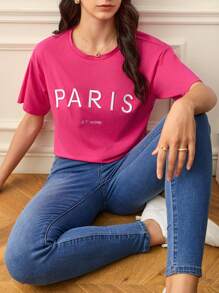 SHEIN Frenchy Embroidery Letter Pattern Drop Shoulder Tee - Hot Pink - View 1