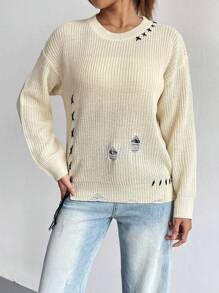 SHEIN Unity Drop Shoulder Lace Up Side Distressed Knit Pullover Fall Winter Sweater - Beige - View 5