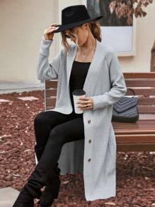 SHEIN LUNE Chất rắn Nút phía trước Áo nịt dài - Xám - Xem 6