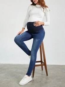 SHEIN Cottnline جينز نحيل ممزق شريط خصر واسع للأمومة - الأزرق - مشاهدة 5